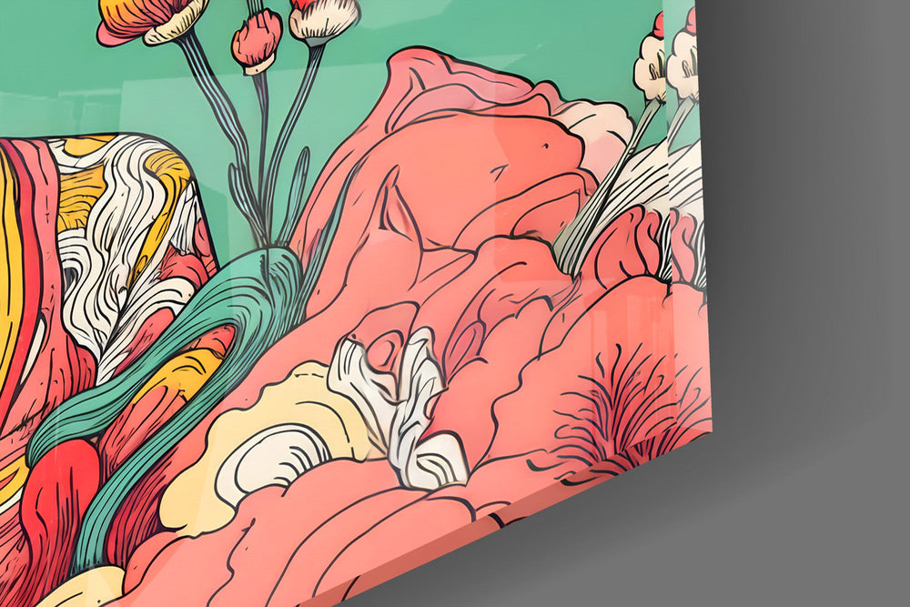 Close-up detail of the layered bloom headdress and sun halo on the glass surface