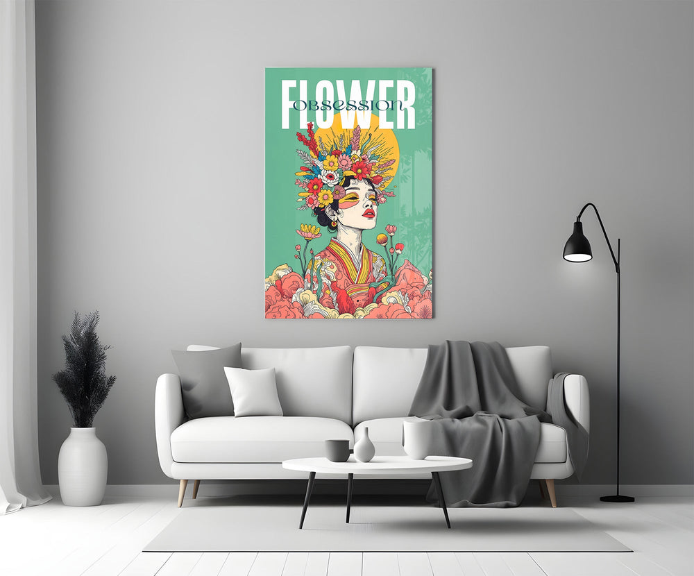a woman crowned with wildflowers panel bringing character to a minimalist living room wall