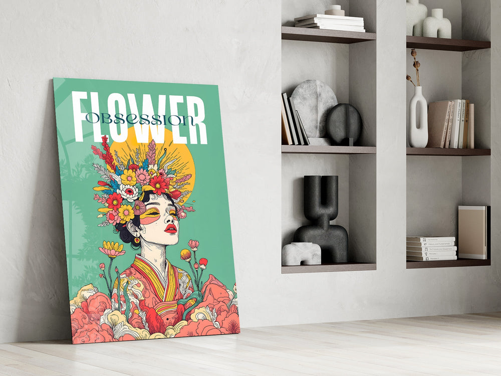 a woman crowned with wildflowers panel resting in a shelving niche in a modern interior