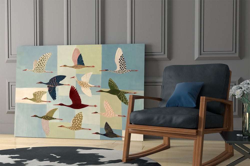 a flock of stylized cranes in flight panel resting in a shelving niche in a modern interior