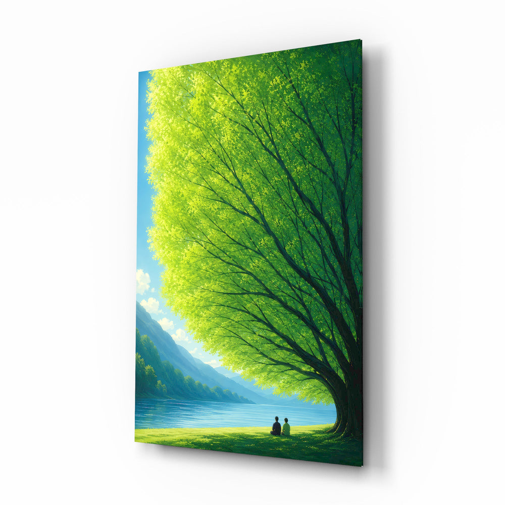 Giant Green Tree Lakeside Calm Glass Wall Art - Lifestyle preview in a designer interior
