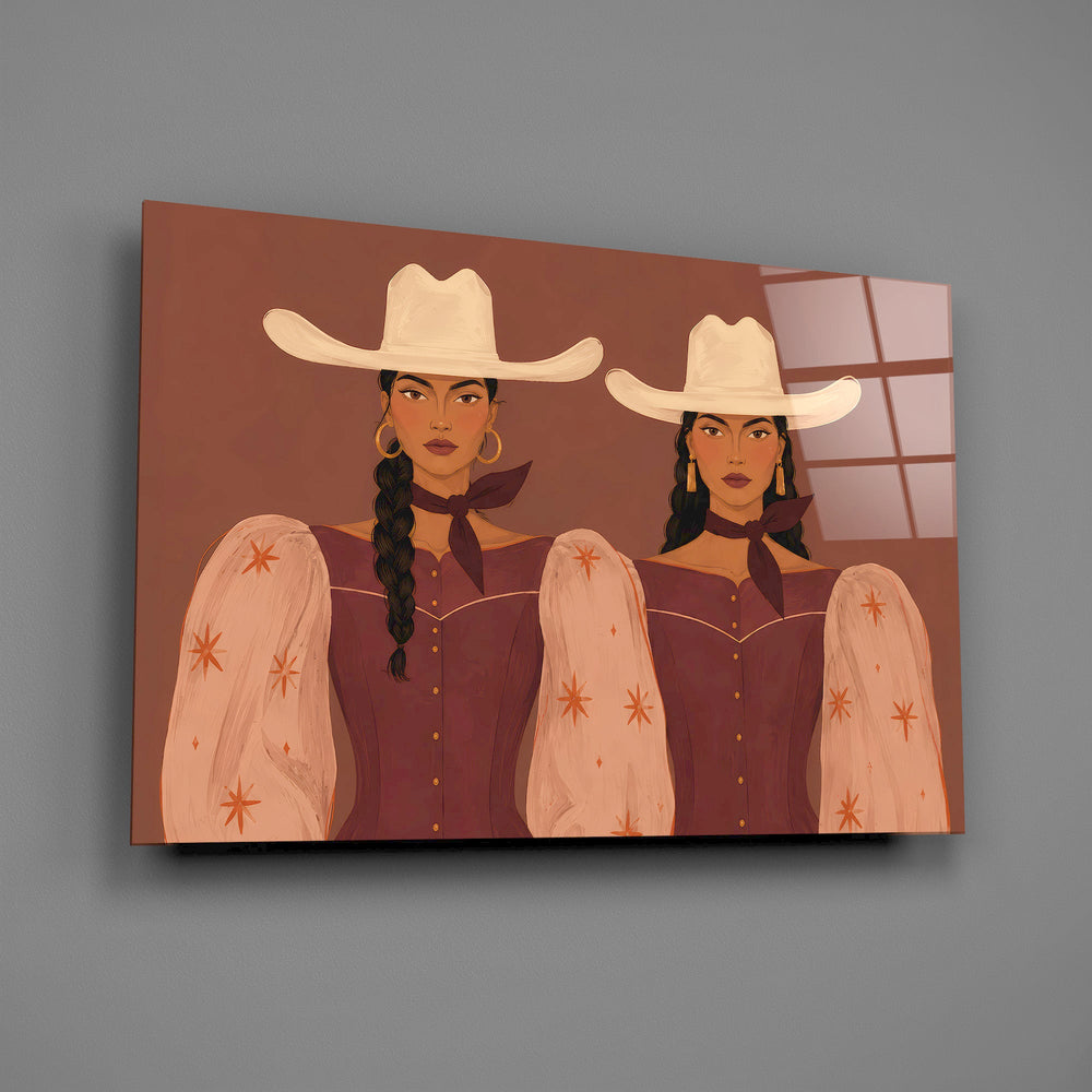 two cowgirls in matching western dresses glass wall art angled to show the polished tempered glass panel