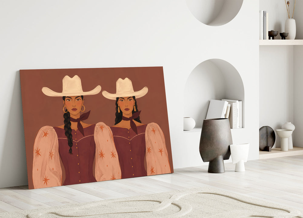 two cowgirls in matching western dresses panel bringing character to a minimalist living room wall