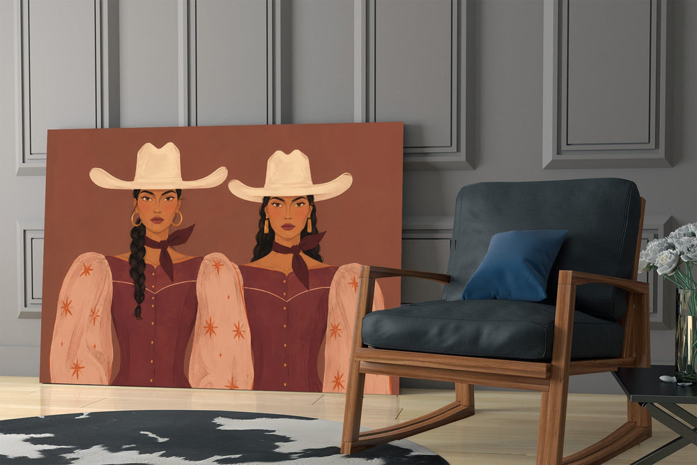 two cowgirls in matching western dresses panel resting in a shelving niche in a modern interior