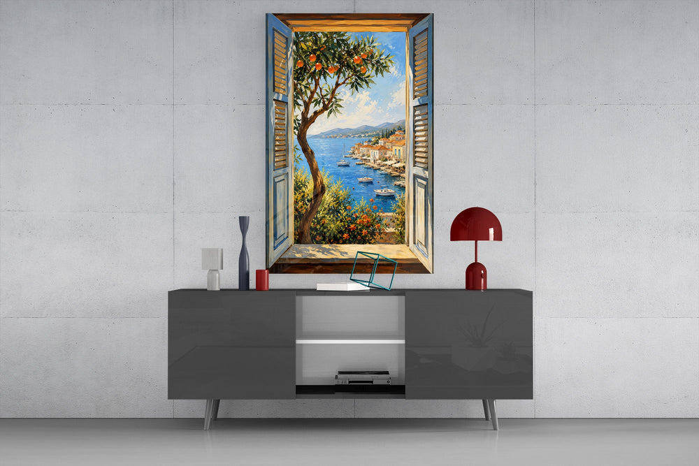 a harbor seen through open shutters glass wall art styled in an atmospheric room setting