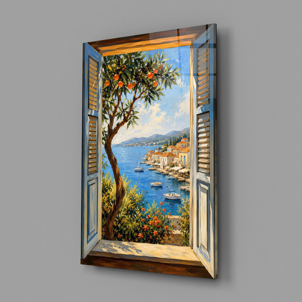 a harbor seen through open shutters glass wall art angled to show the polished tempered glass panel