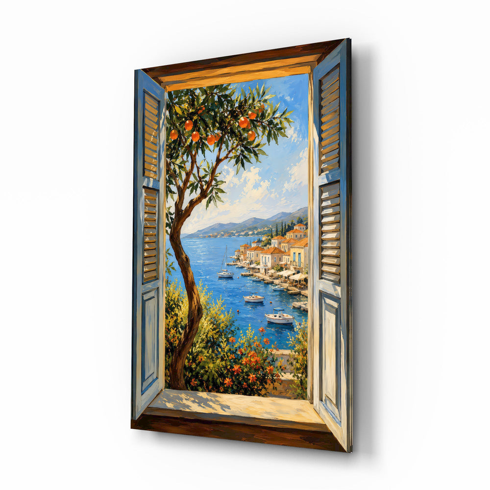 Coastal Village Window View Glass Wall Art - Lifestyle preview in a designer interior