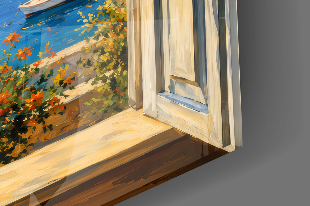 Close-up detail of the orange tree and moored boats below on the glass surface