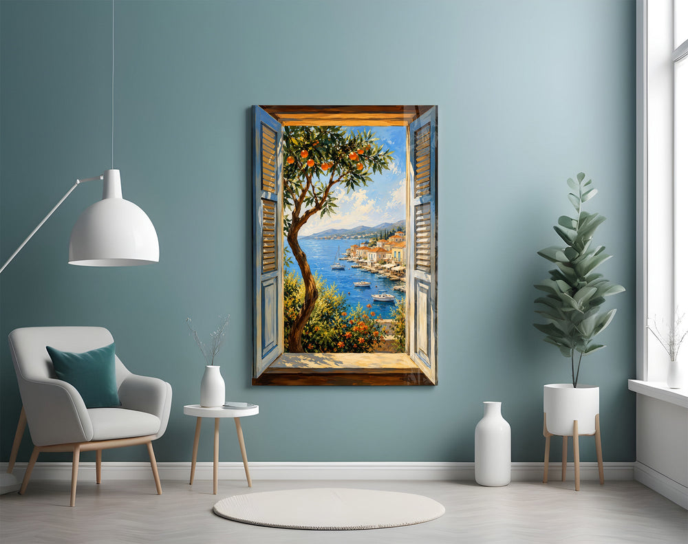 a harbor seen through open shutters glass wall art styled above an armchair in a reading corner