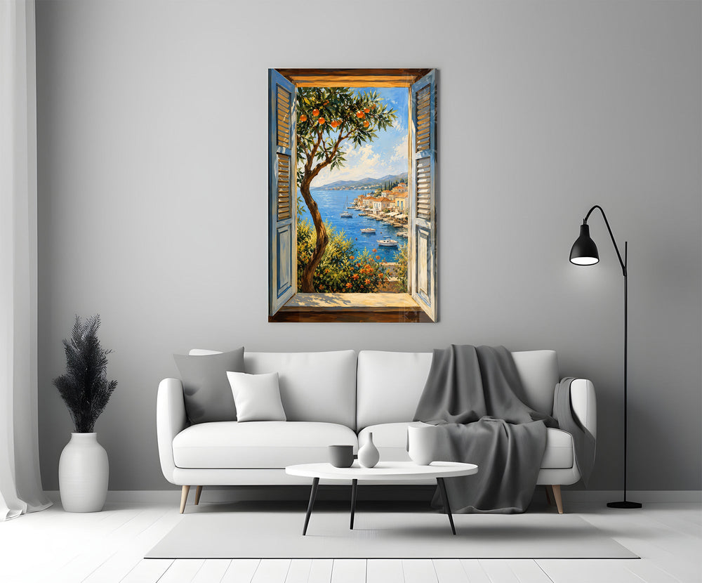a harbor seen through open shutters panel bringing character to a minimalist living room wall