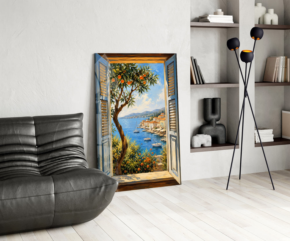 a harbor seen through open shutters glass wall art leaning beside a dark leather sofa