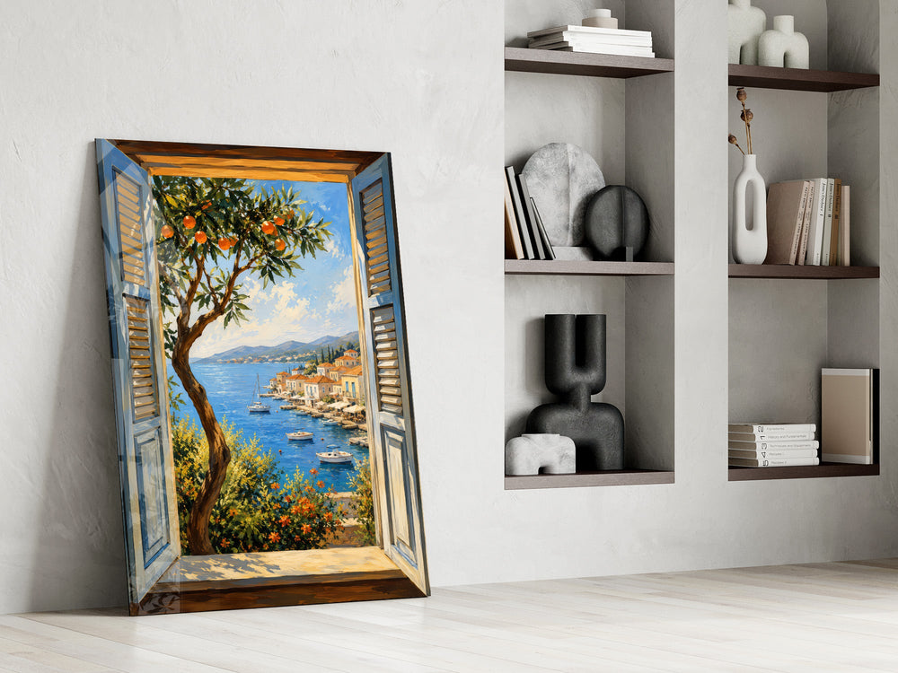a harbor seen through open shutters panel resting in a shelving niche in a modern interior