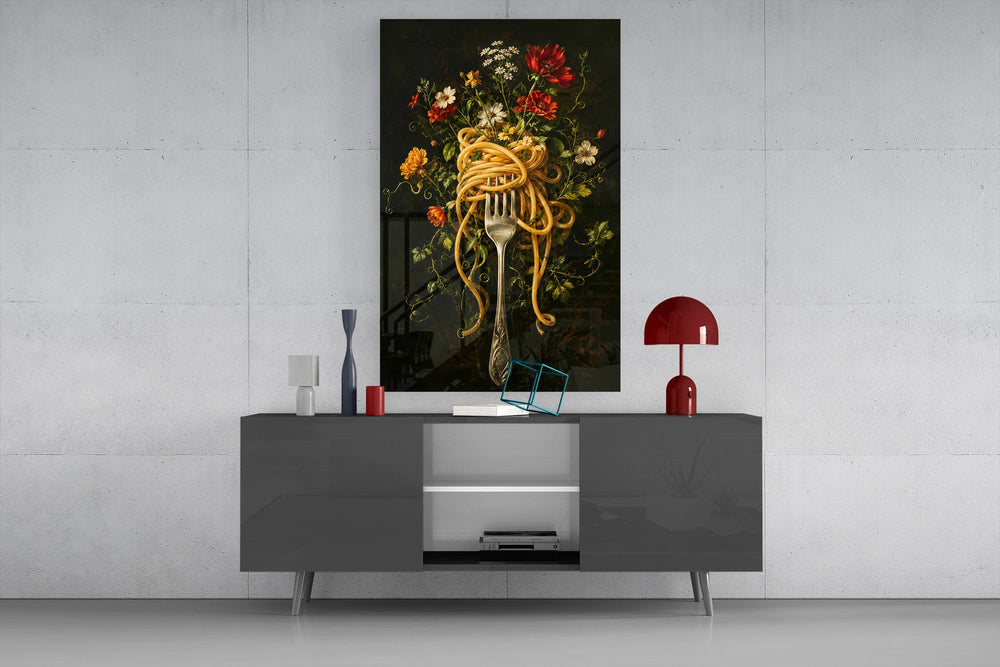 pasta twirled on a fork with blooms glass wall art styled in an atmospheric room setting
