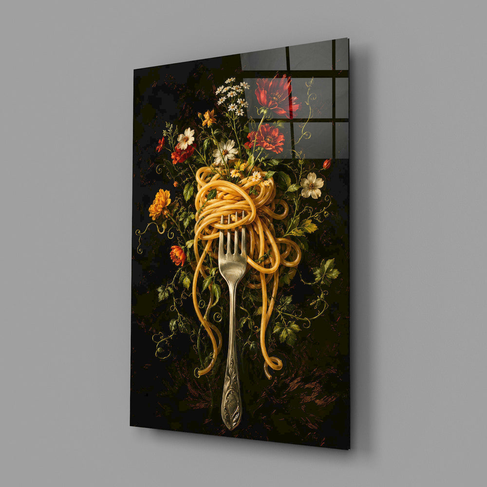 pasta twirled on a fork with blooms glass wall art angled to show the polished tempered glass panel