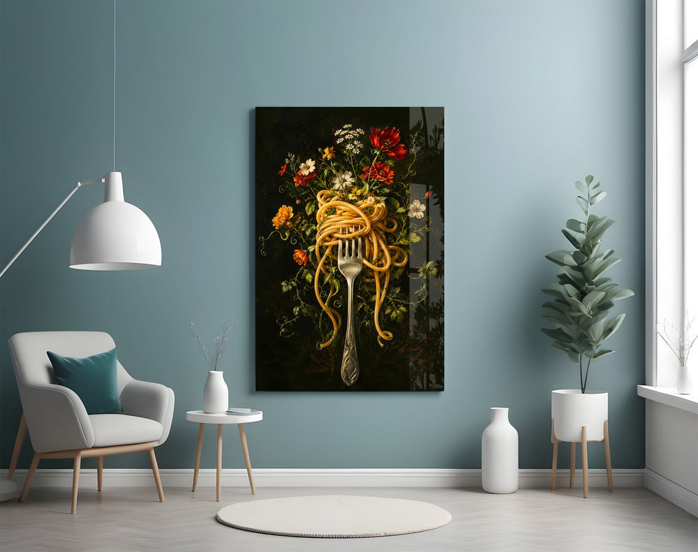 pasta twirled on a fork with blooms glass wall art styled above an armchair in a reading corner