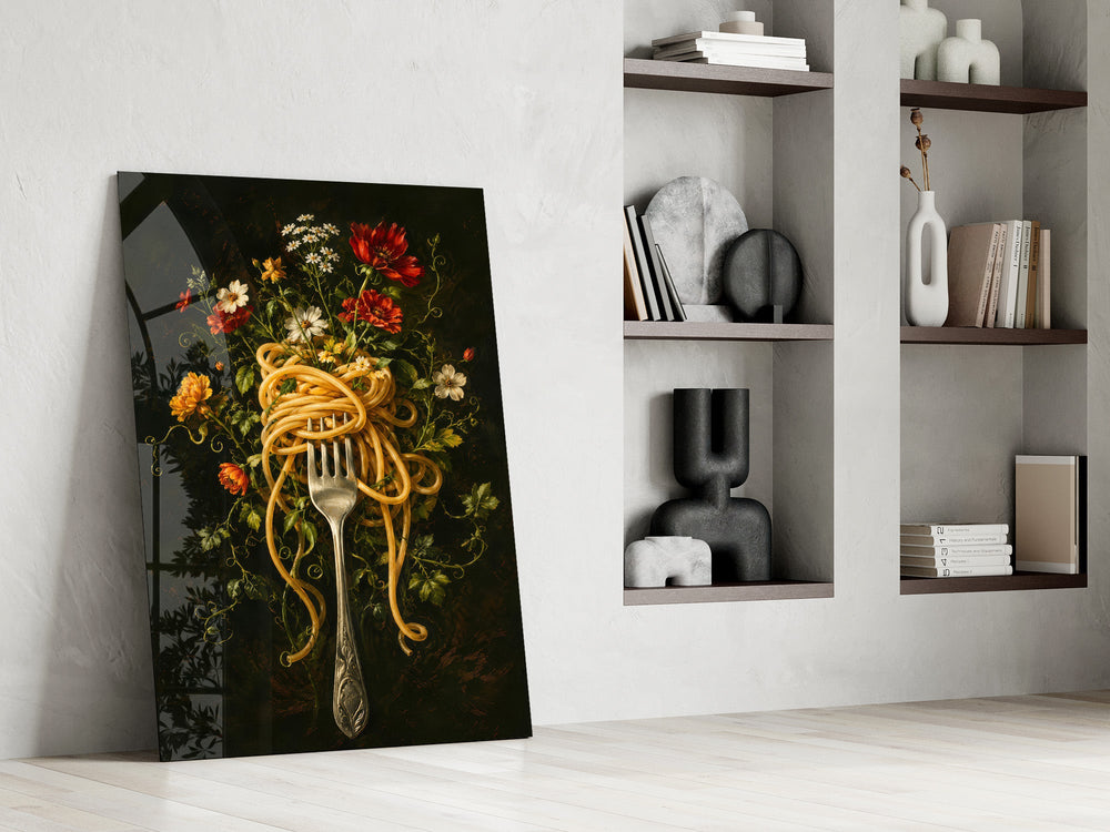 pasta twirled on a fork with blooms panel resting in a shelving niche in a modern interior