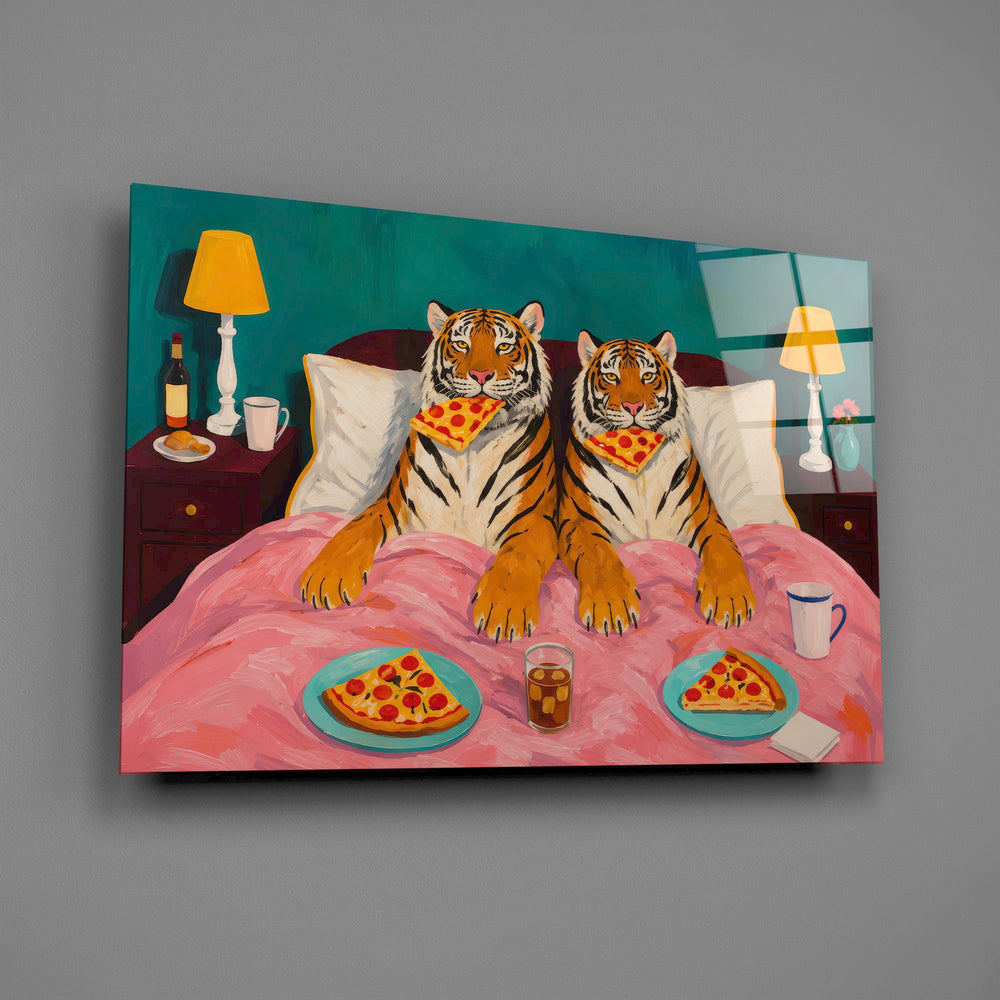 two tigers lounging in bed with pizza glass wall art angled to show the polished tempered glass panel