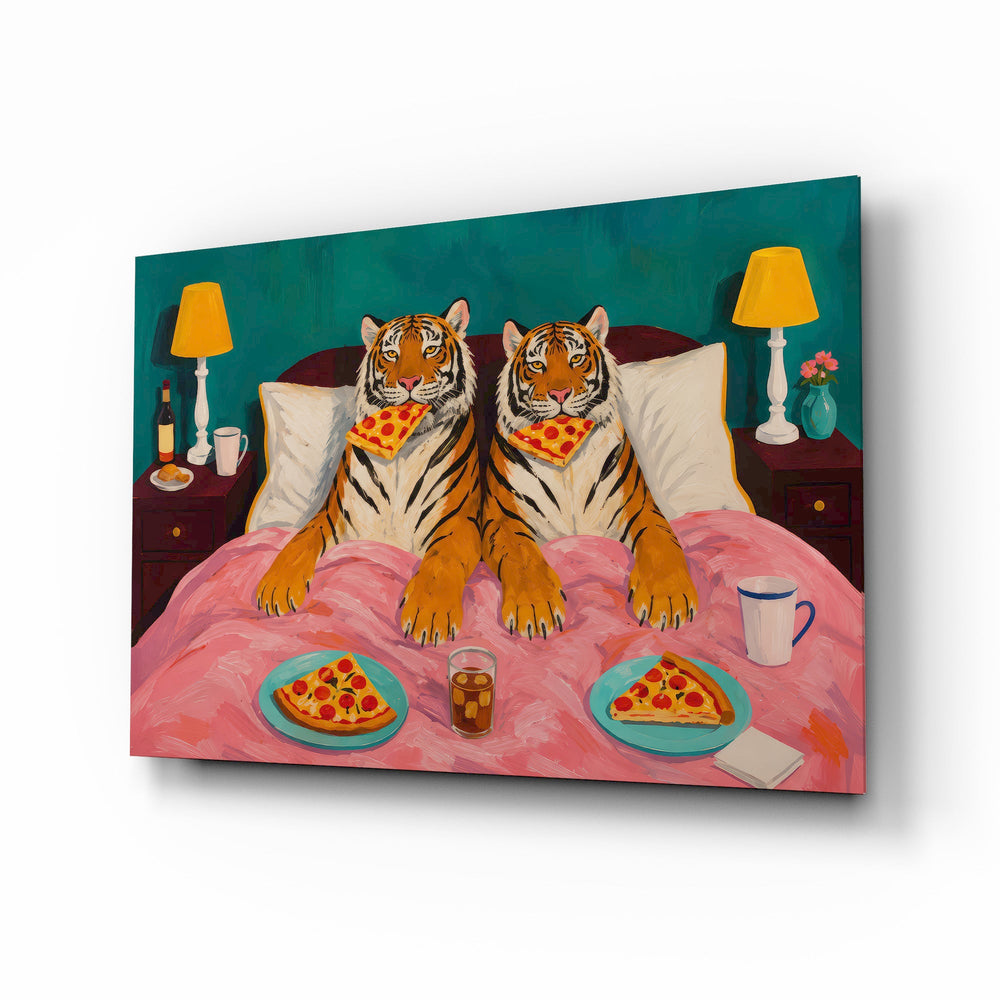Two Tigers Eating Pizza in Bed Glass Wall Art - Lifestyle preview in a designer interior