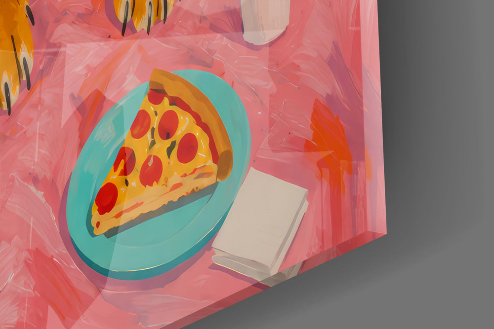 Close-up detail of the pepperoni slices and pink bedding on the glass surface