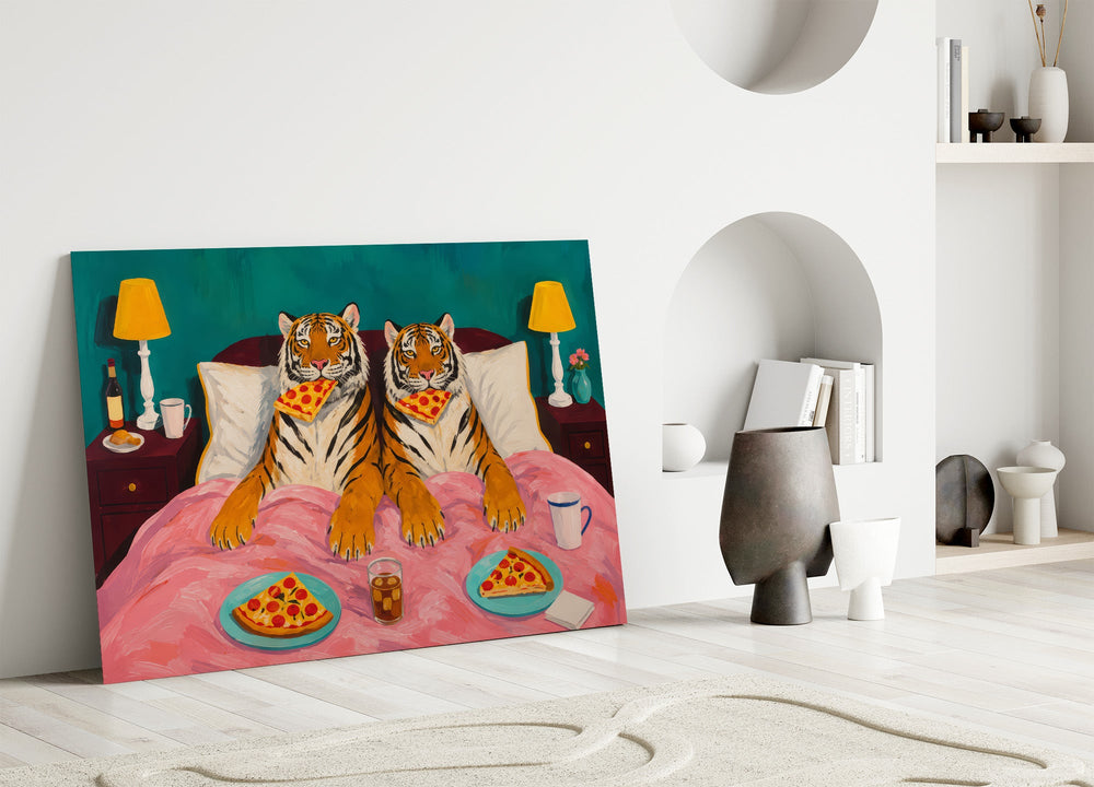 two tigers lounging in bed with pizza panel bringing character to a minimalist living room wall