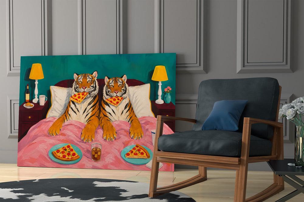 two tigers lounging in bed with pizza panel resting in a shelving niche in a modern interior