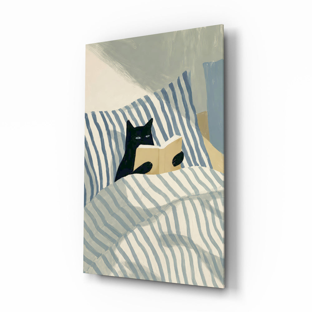 Reading Black Cat Blue Striped Bed Glass Wall Art - Lifestyle preview in a designer interior