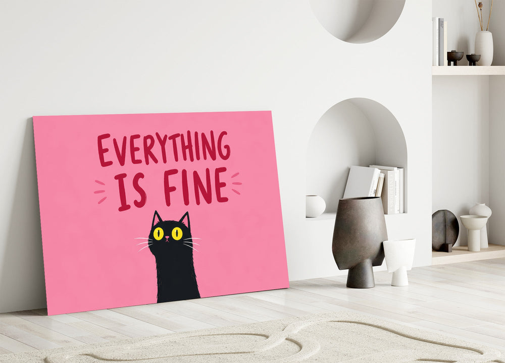startled black cat on hot pink panel bringing character to a minimalist living room wall