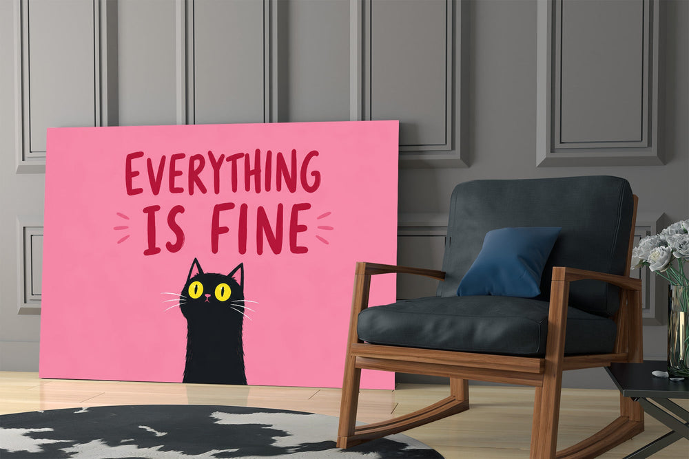 startled black cat on hot pink panel resting in a shelving niche in a modern interior