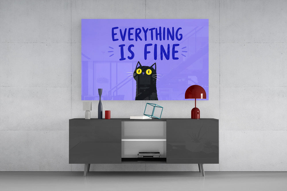 startled black cat on periwinkle purple glass wall art styled in an atmospheric room setting