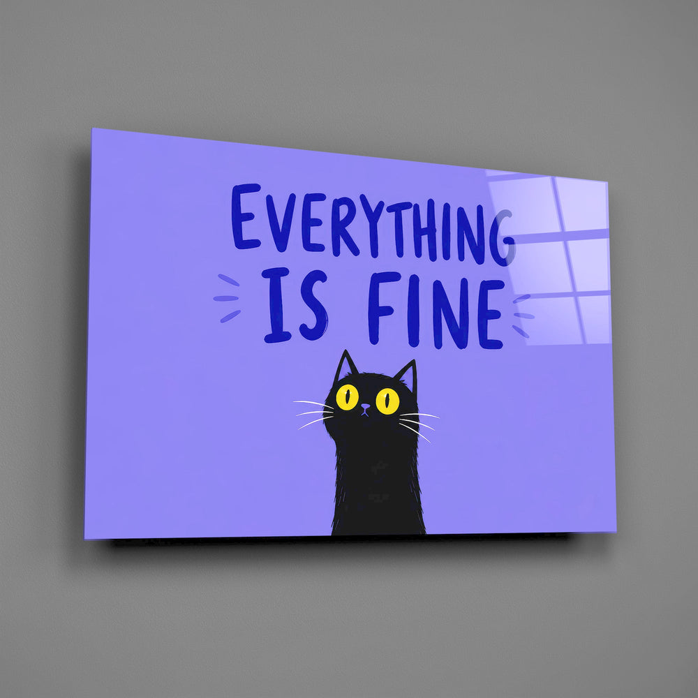 startled black cat on periwinkle purple glass wall art angled to show the polished tempered glass panel