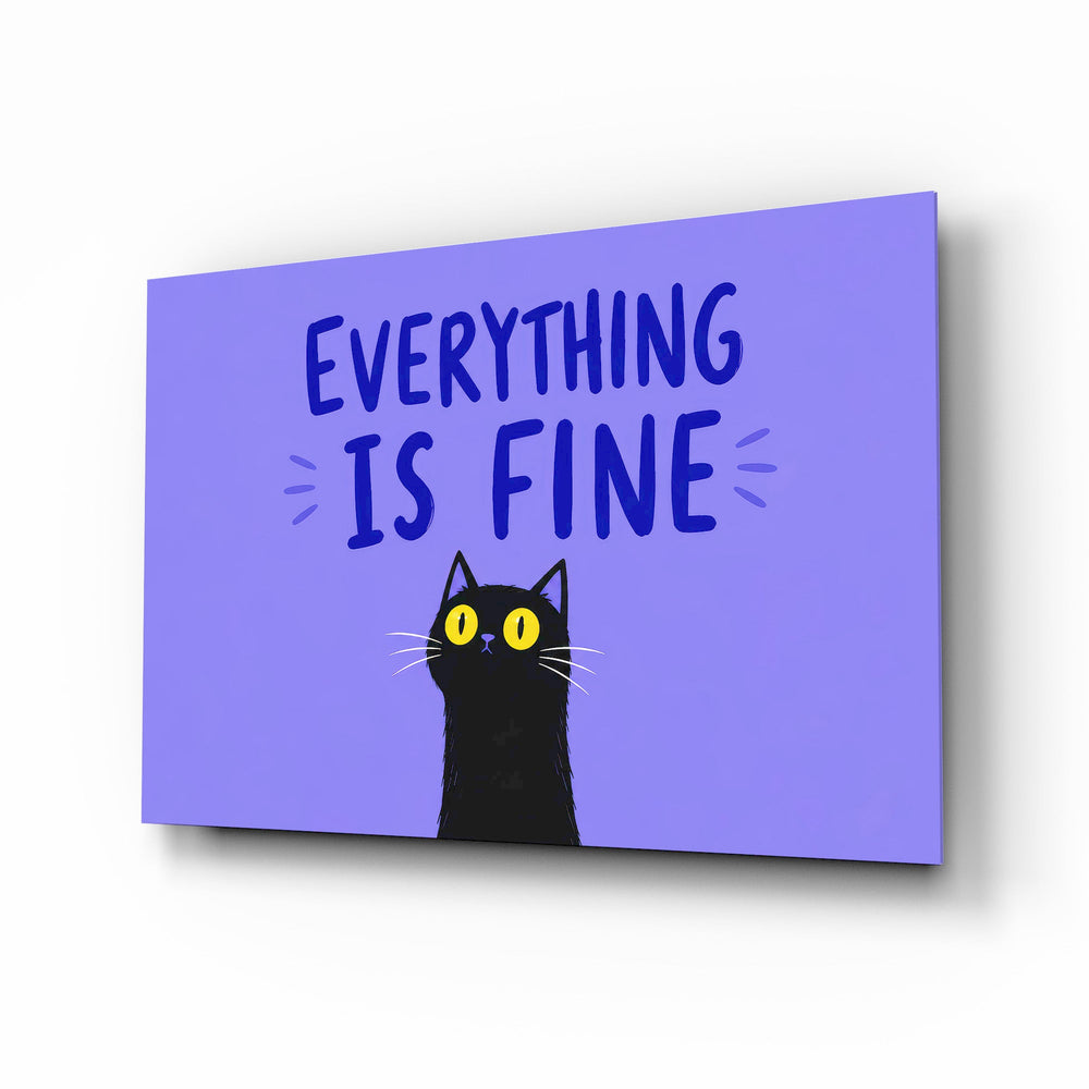Wide-Eyed Black Cat Purple Humor Glass Wall Art - Lifestyle preview in a designer interior