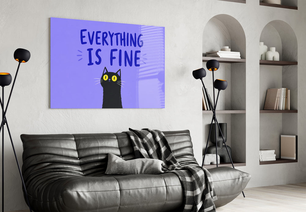 startled black cat on periwinkle purple glass wall art styled above an armchair in a reading corner