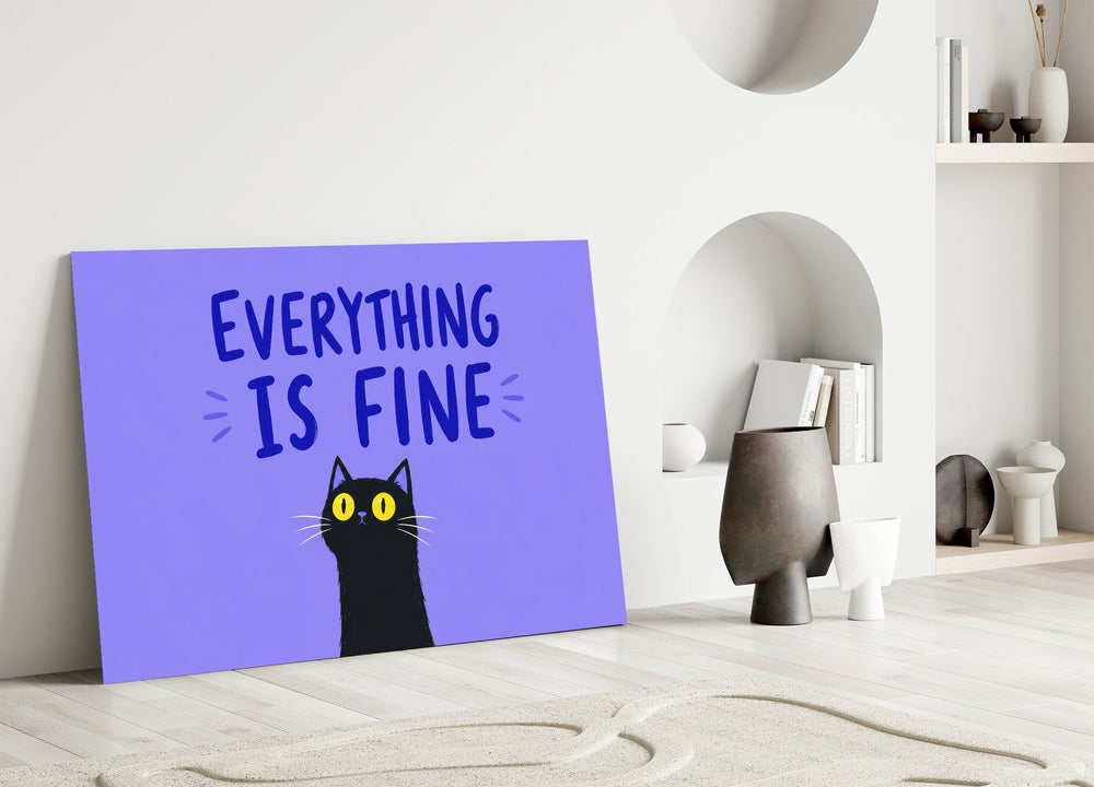 startled black cat on periwinkle purple panel bringing character to a minimalist living room wall