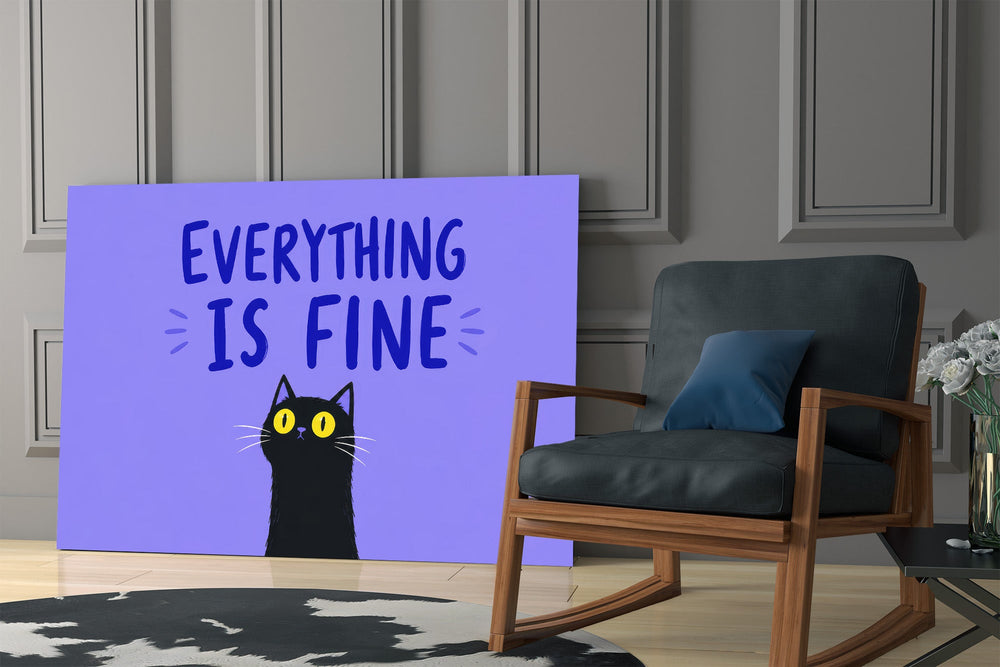 startled black cat on periwinkle purple panel resting in a shelving niche in a modern interior