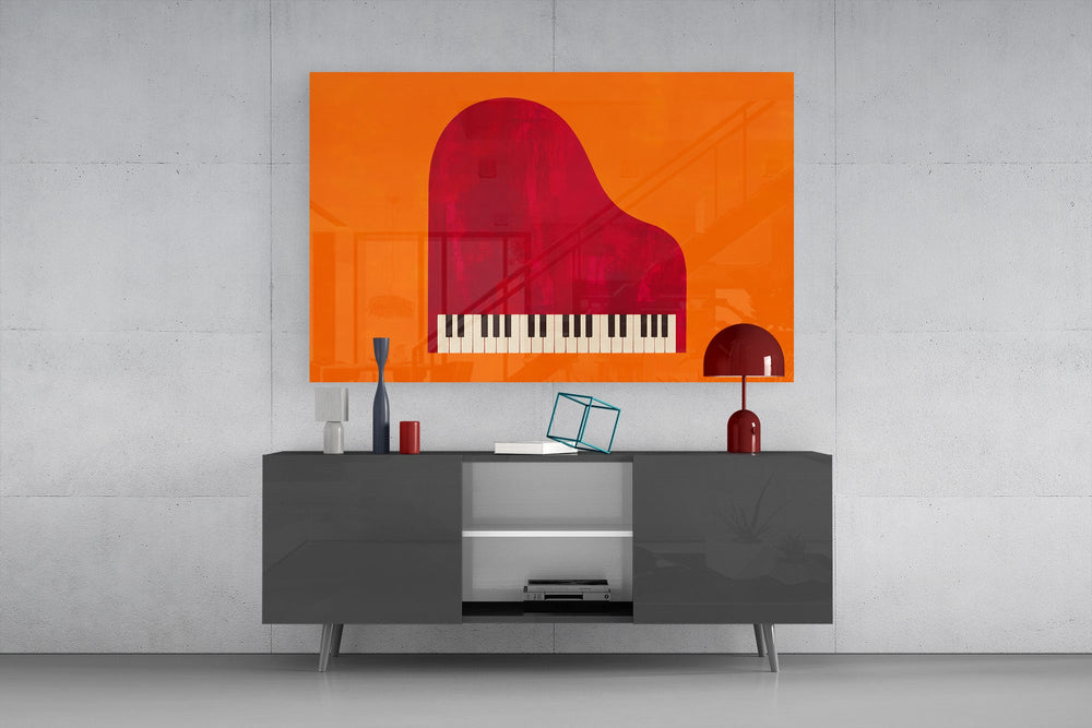 red grand piano on orange glass wall art styled in an atmospheric room setting