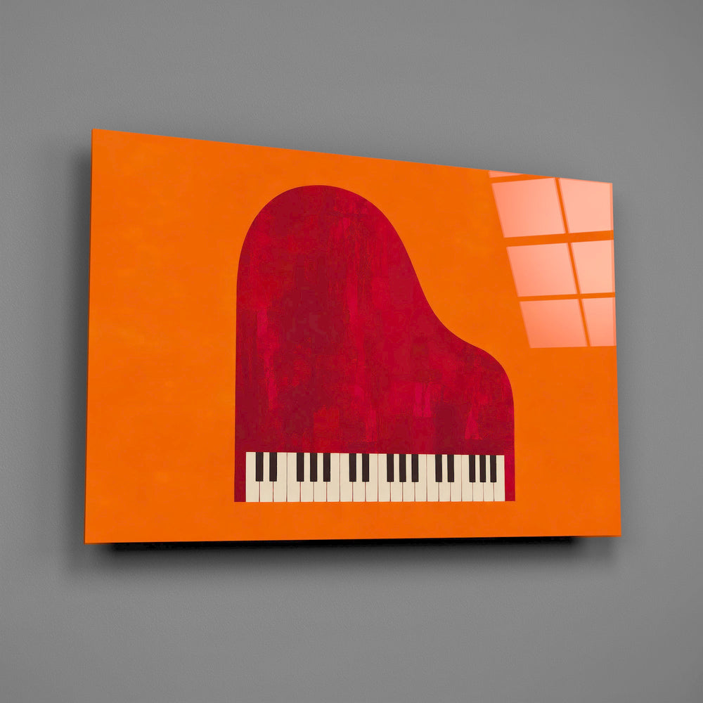 red grand piano on orange glass wall art angled to show the polished tempered glass panel