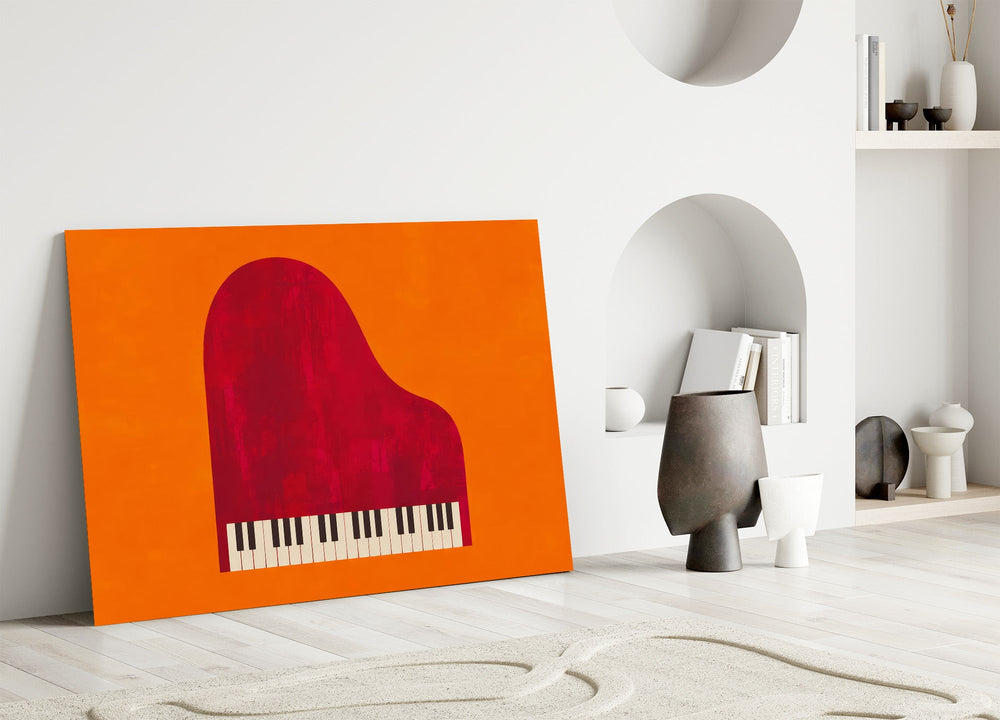 red grand piano on orange panel bringing character to a minimalist living room wall