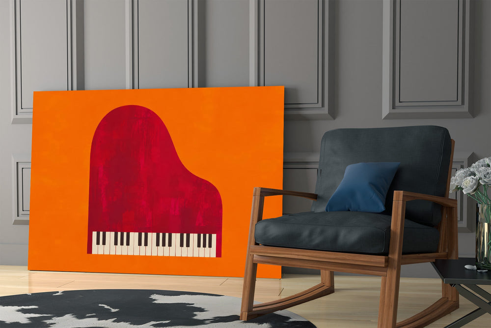 red grand piano on orange panel resting in a shelving niche in a modern interior