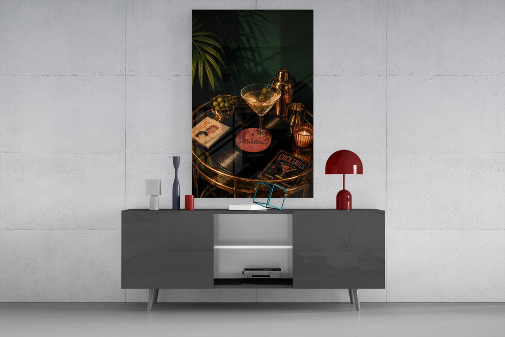 martini cocktail on a golden bar cart glass wall art styled in an atmospheric room setting
