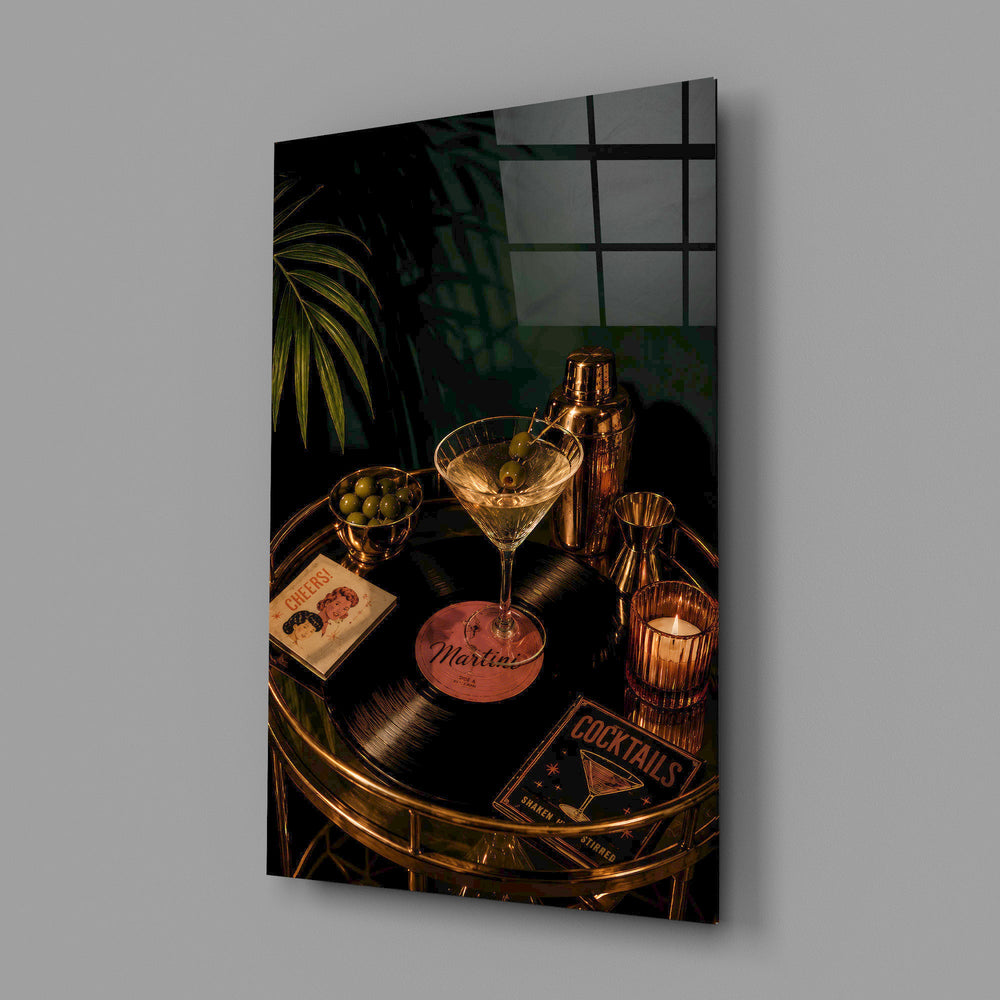martini cocktail on a golden bar cart glass wall art angled to show the polished tempered glass panel