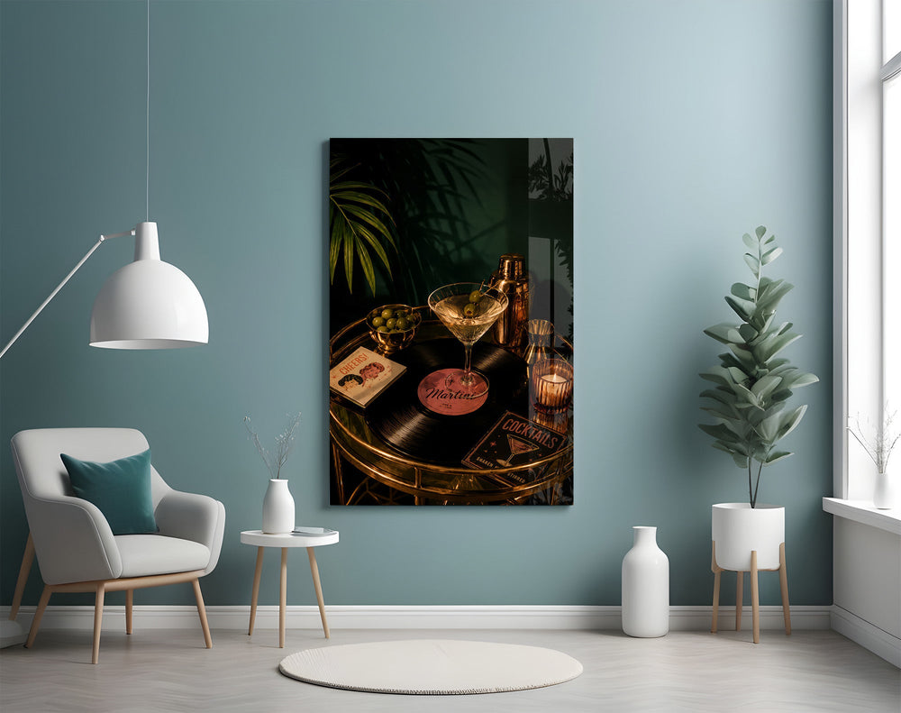 martini cocktail on a golden bar cart glass wall art styled above an armchair in a reading corner