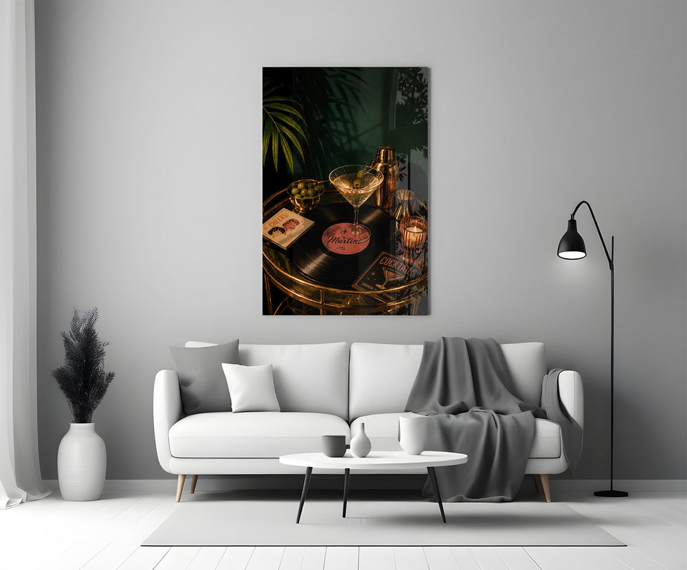 martini cocktail on a golden bar cart panel bringing character to a minimalist living room wall