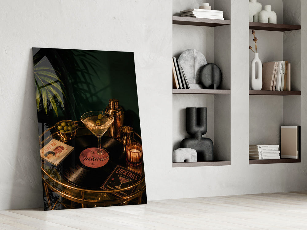 martini cocktail on a golden bar cart panel resting in a shelving niche in a modern interior