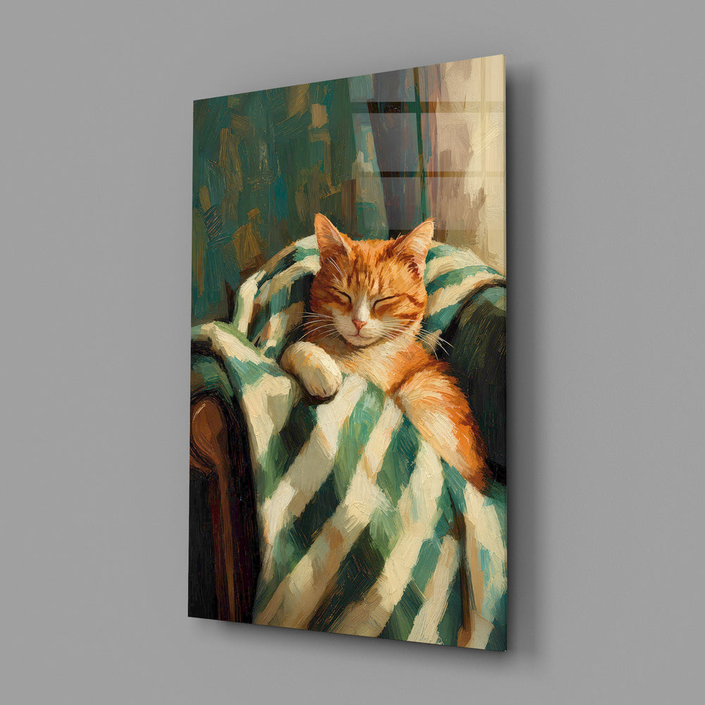 sleeping ginger cat in a striped blanket glass wall art angled to show the polished tempered glass panel