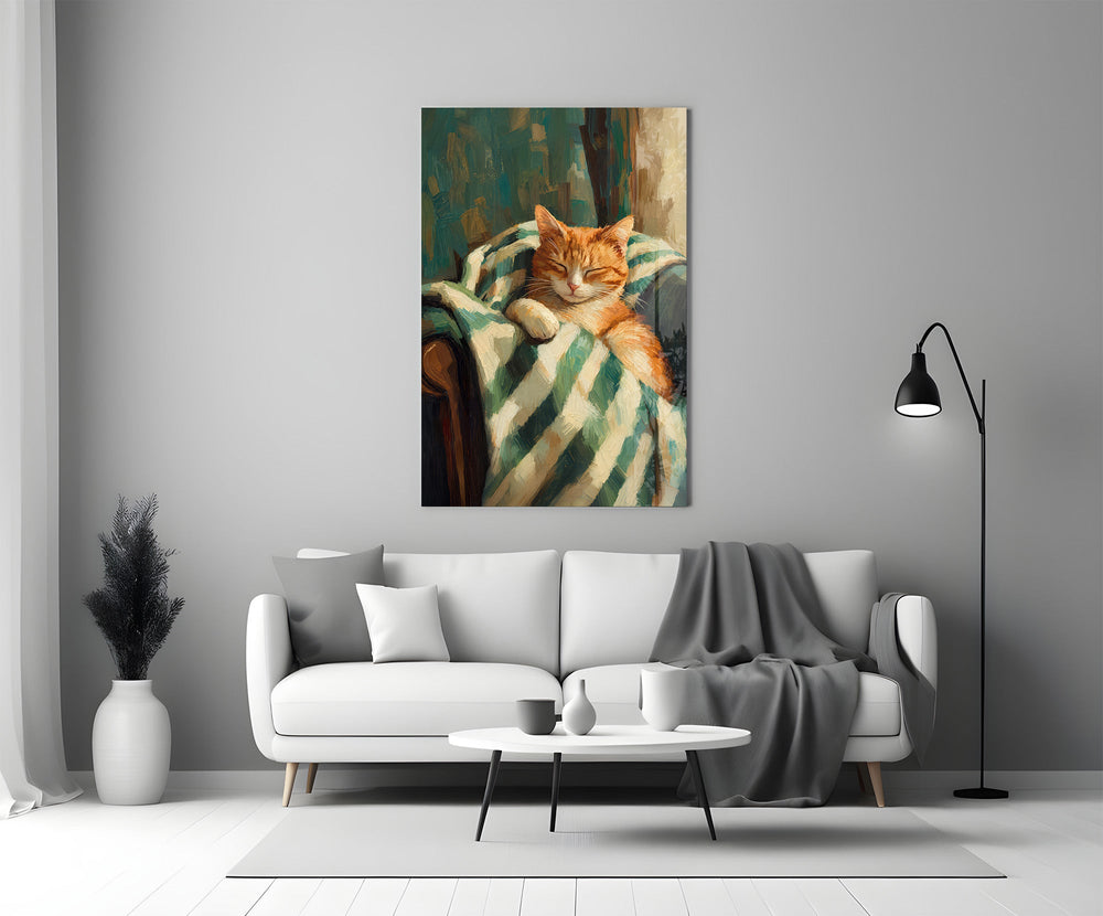sleeping ginger cat in a striped blanket panel bringing character to a minimalist living room wall