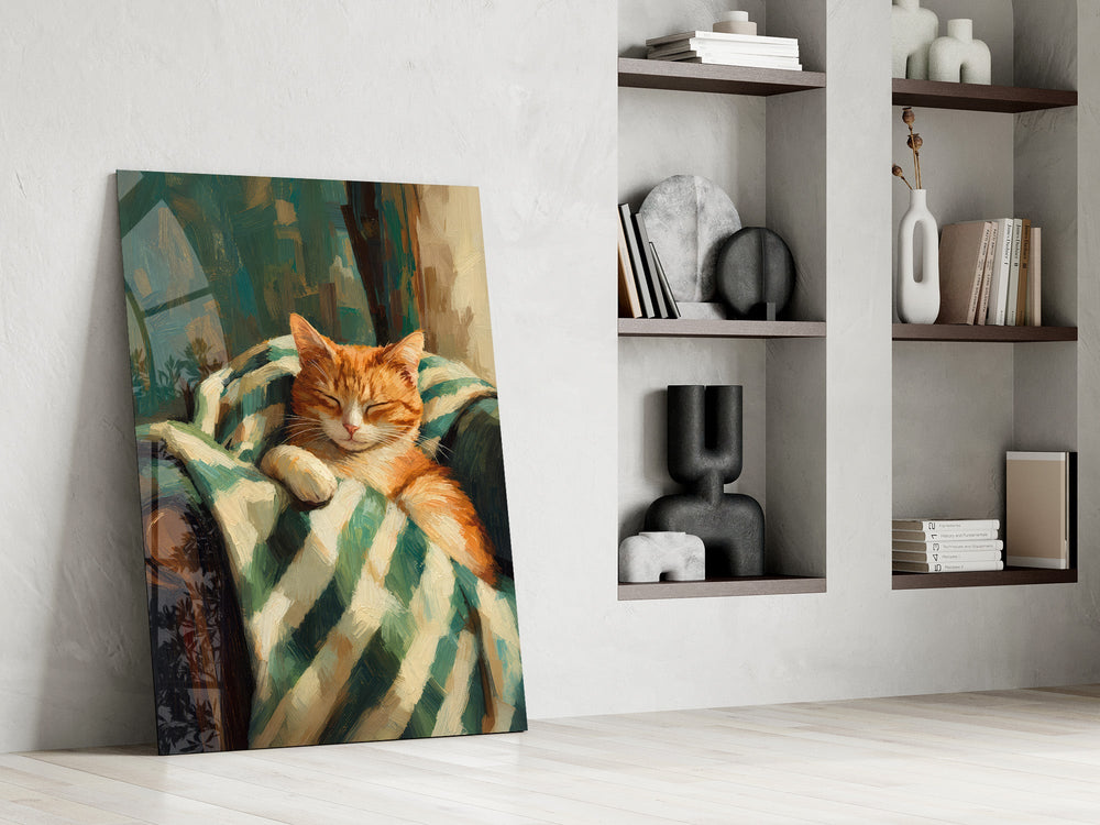 sleeping ginger cat in a striped blanket panel resting in a shelving niche in a modern interior