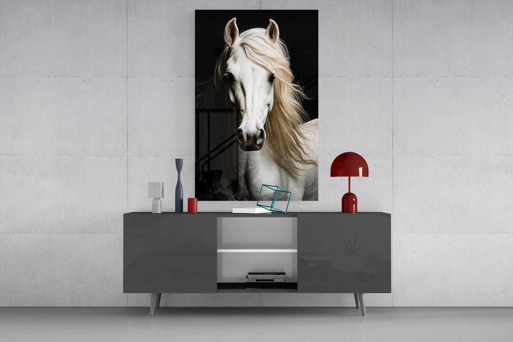 white horse portrait on black glass wall art styled in an atmospheric room setting