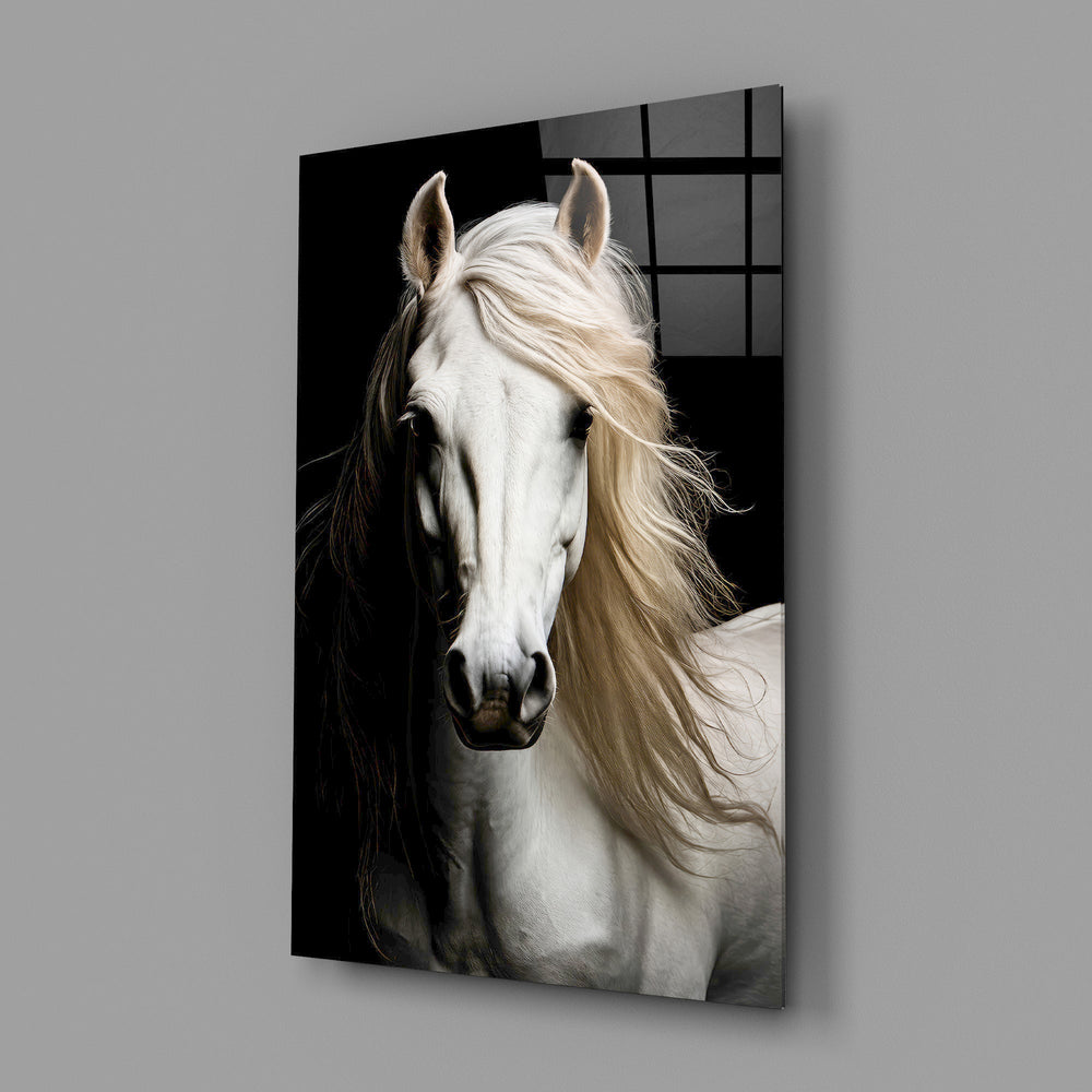 white horse portrait on black glass wall art angled to show the polished tempered glass panel