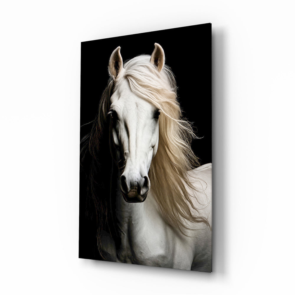 White Horse Flowing Mane Black Backdrop Glass Wall Art - Lifestyle preview in a designer interior
