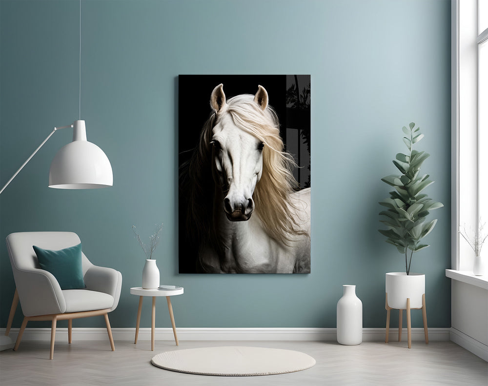 white horse portrait on black glass wall art styled above an armchair in a reading corner